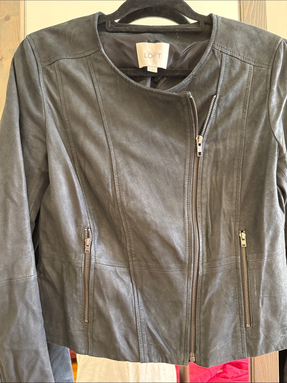 LOFT Black Faux Leather Asymmetrical Zip Jacket with Zip Pockets